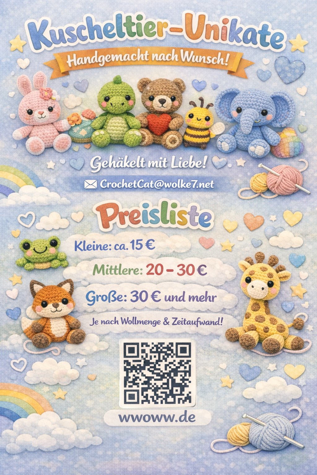 Flyer mit gehäkelten Kuscheltieren